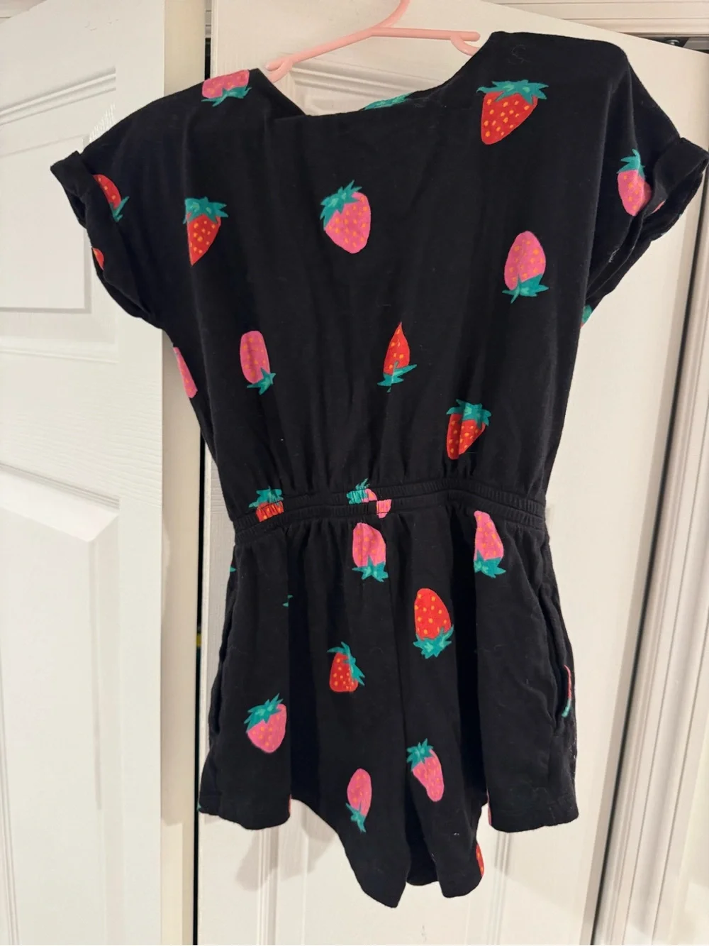 Old Navy Black Romper with Pink and Red Strawberry Print